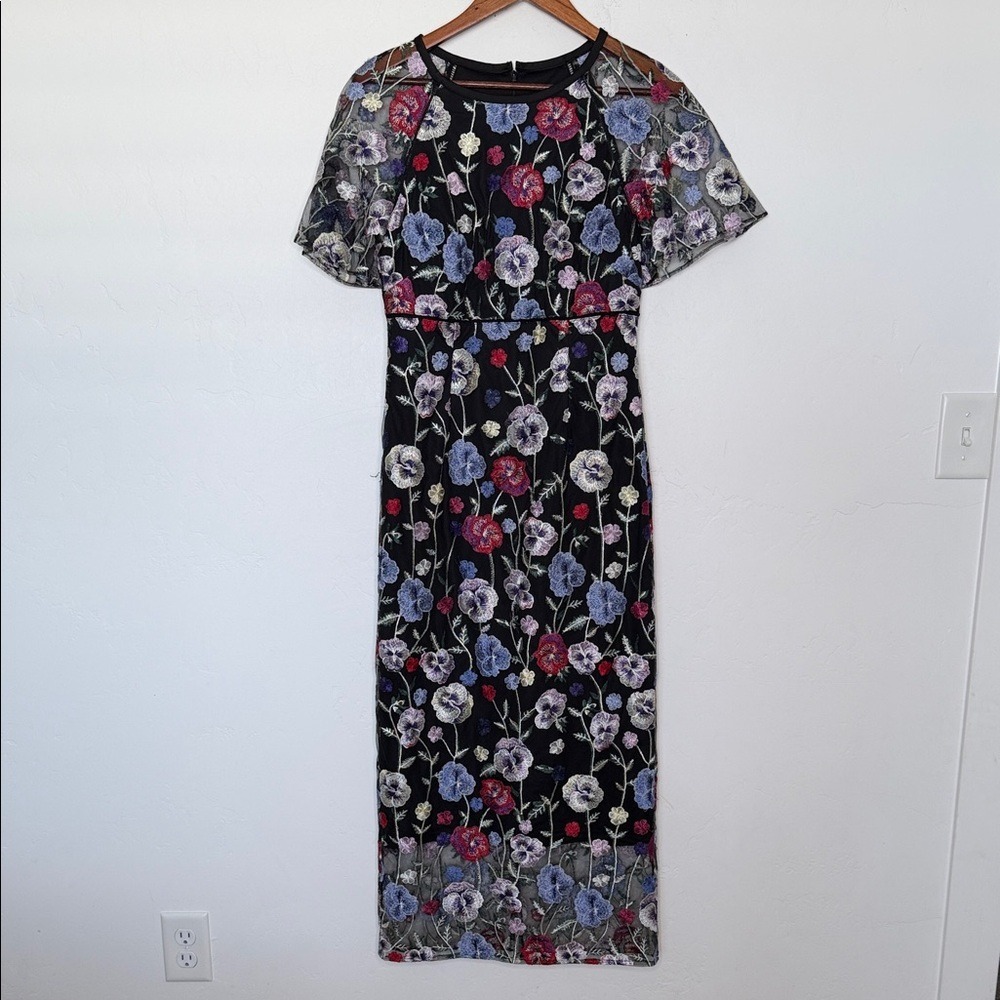 JS Collections Lacey Floral Embroidered Mesh Midi Dress Black NWT Size 6 - Picture 3 of 6